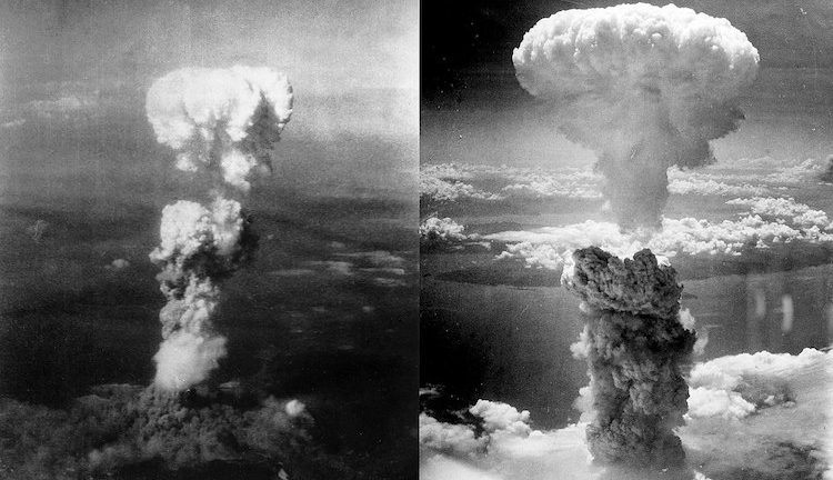 Left: When this photo was taken, smoke billowed 20,000 feet above Hiroshima while smoke from the burst of the first atomic bomb had spread over 10,000 feet on the target at the base of the rising column. Right: Atomic bombing of Nagasaki on August 9, 1945, taken by Charles Levy. Source: Wikipedia.