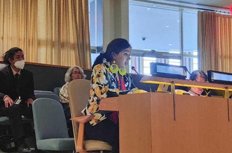 Photo: Ms. Kekashan Basu, Founder and President of Green Hope Foundation, presented a joint statement of the "Faith Communities Concerned about Nuclear Weapons" during the NGO presentation session at UN Headquarters. Credit: Seikyo Shimbun