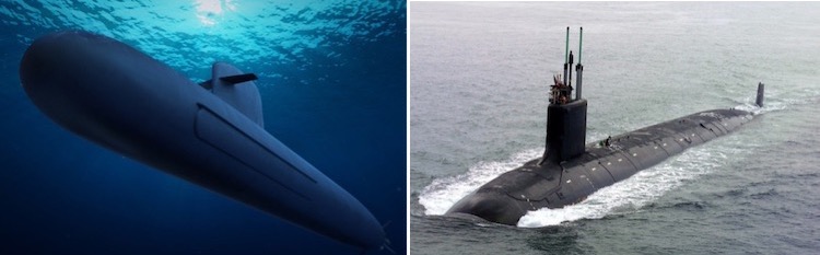 Photo: (Left) Álvaro Alberto, Brazil's first nuclear-powered attack submarine (SSN) concept, courtesy of Serviços e Informações do Brasil; (Right): US Navy Virginia-class SSN, courtesy of General Dynamics Electric Boat Public Affairs, Creative Commons Licence 040730-N-1234E-002)