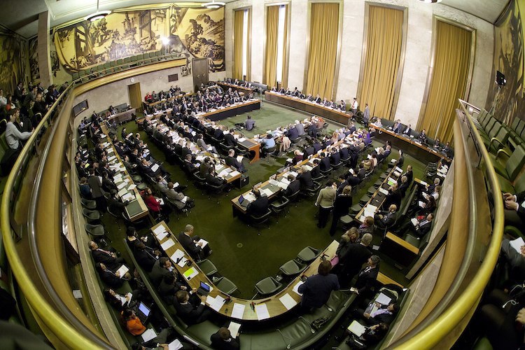 A meeting of the Conference on Disarmament in 1979 in the Council Chamber of the Palace of Nations, Geneva, which was established by the first special session of the General Assembly devoted to disarmament (SSOD I). Credit: UNIDIR.