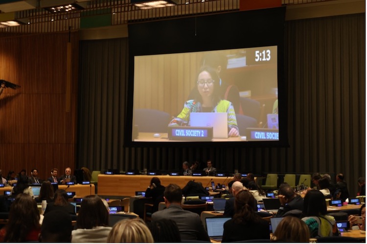 Anna Ikeda of SGI delivered a joint statement endorsed by 115 inter-faith and civil society organizations (CSOs) on 29 November. Photo Credit: SGI. - Photo: 2023
