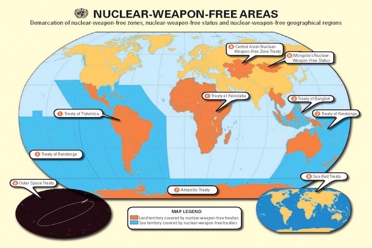 Изображение: Визуальная иллюстрация зон, свободных от ядерного оружия. Источник: Управление ООН по вопросам разоружения