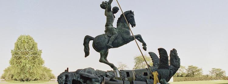 Sculpture depicting St. George slaying the dragon. The dragon is created from fragments of Soviet SS-20 and United States Pershing nuclear missiles. Credit: UN Photo | Milton Grant - Photo: 2023