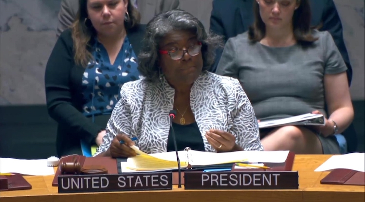US Ambassador to the United Nations Linda Thomas-Greenfield is seen speaking during a UN Security Council meeting in New York on 25 August 2023 in this captured image. (Yonhap)