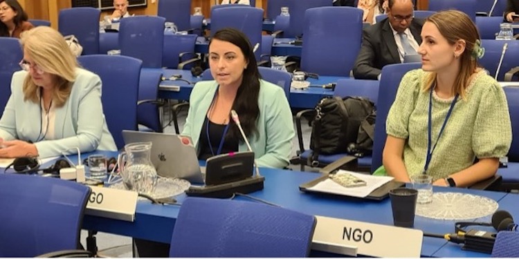 Vanessa Lanteigne, Program Officer at Parliamentarians for Nuclear Non-Proliferation and Disarmament (PNND), presenting proposals on Gender Inclusivity at the NPT Working Group at the UN on 23 July.